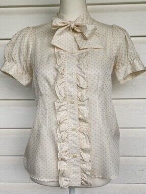 Y2K! MBMJ Cotton/Silk Cream Polka Dot Ruffle Bow Blouse!